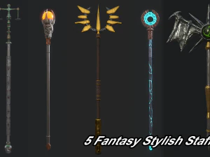 5 fantasy stylish staff - pbr - low poly 3D Model
