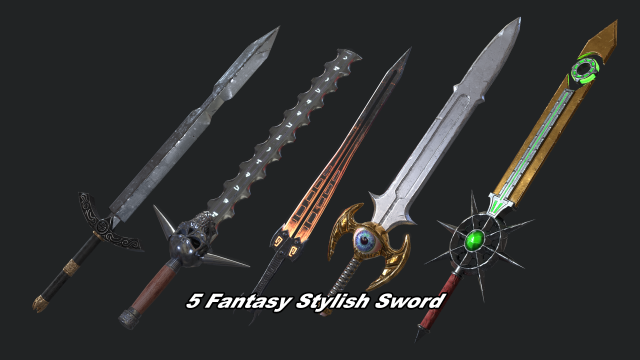 5 fantasy stylish sword - pbr- low poly 3D Model .c4d .max .obj .3ds .fbx .stl .blend 