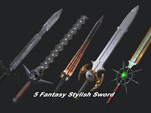 5 fantasy stylish sword - pbr- low poly 3D Model