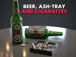 cigarettes &agrave; la bi&egrave;re et cendrier - pr&ecirc;t pour le jeu - pbr Modèle 3D