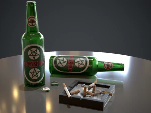 beer cigarattes and ashtray - game ready - pbr 3D Model