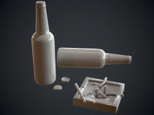 beer cigarattes and ashtray - game ready - pbr 3D Model