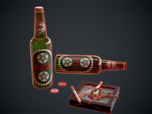 beer cigarattes and ashtray - game ready - pbr 3D Model