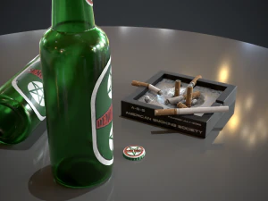 beer cigarattes and ashtray - game ready - pbr 3D Model