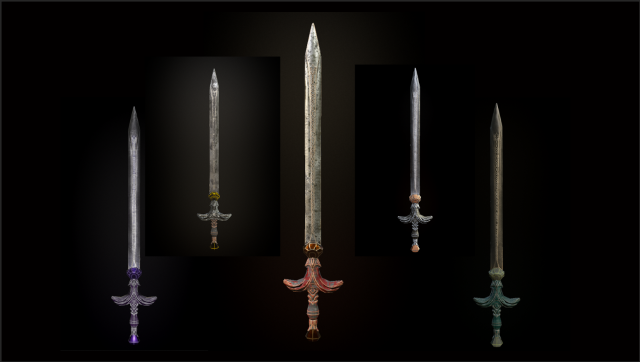 steel sword low poly 5 texture options and high poly 3D Model .c4d .max .obj .3ds .fbx .stl .blend 