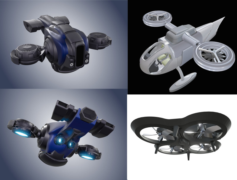 Pack de Drones Futuristes Trois Modles Distincts 3D Модель .c4d .max .obj .3ds .fbx .stl .blend