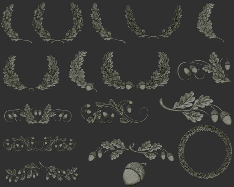 Oak leaves decor ornament bas-relief Model Cetak 3D .c4d .max .obj .3ds .fbx .stl .blend 