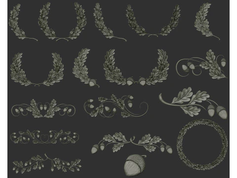 Decora&ccedil;&atilde;o de folhas de carvalho ornamento em baixo-relevo Modelo de Impressão 3D