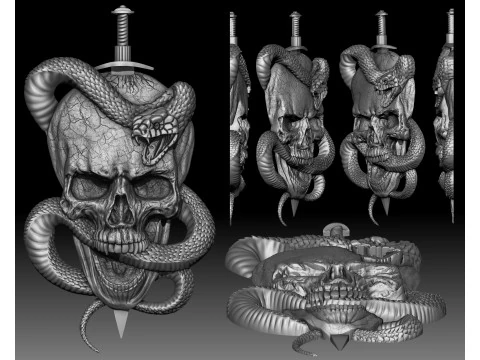 Skull Snake Knife bas-relief 3D Print Model