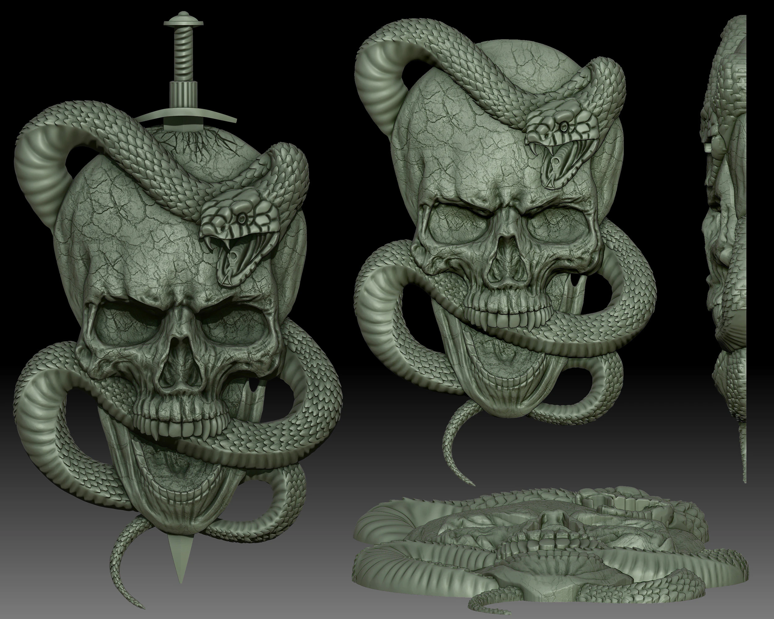 Skull Snake Knife bas-relief 3D Print Model .c4d .max .obj .3ds .fbx .stl .blend