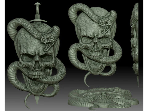 Totenkopf-Schlangenmesser-Flachrelief 3D Druckmodell