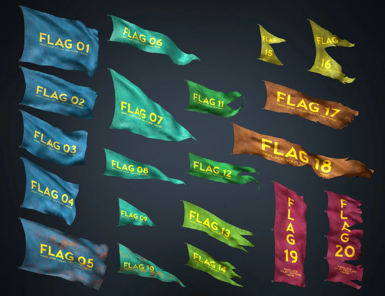 20 fully loop animated flags mid-poly 3D Model .c4d .max .obj .3ds .fbx .stl .blend 