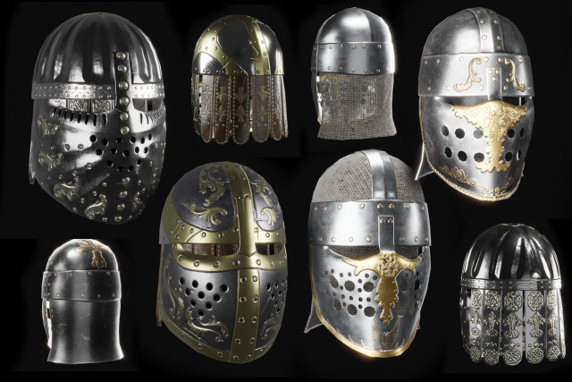 4 medieval helmet low-poly 3D Model .c4d .max .obj .3ds .fbx .stl .blend 
