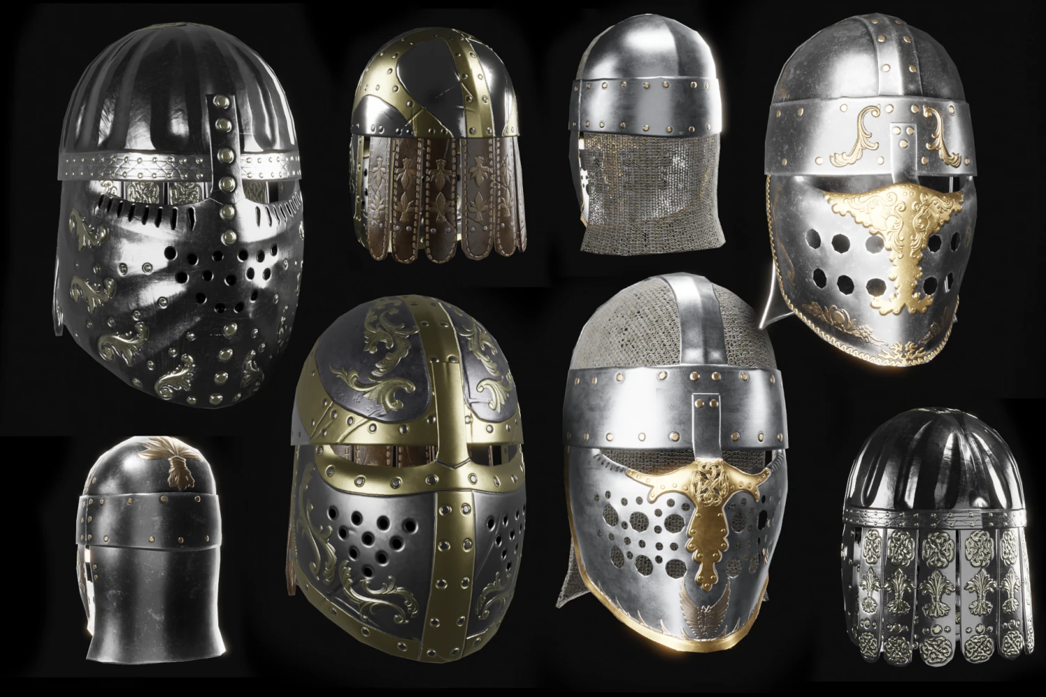 4 medieval helmet low-poly 3D Model .c4d .max .obj .3ds .fbx .stl .blend 