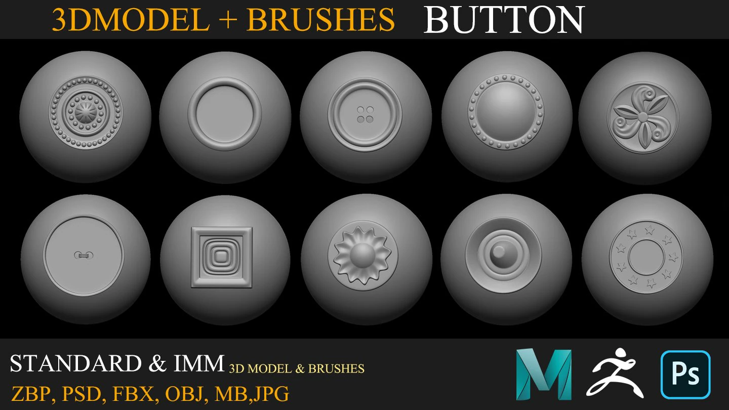 30 buttons collection brush 3D Model .c4d .max .obj .3ds .fbx .stl .blend 