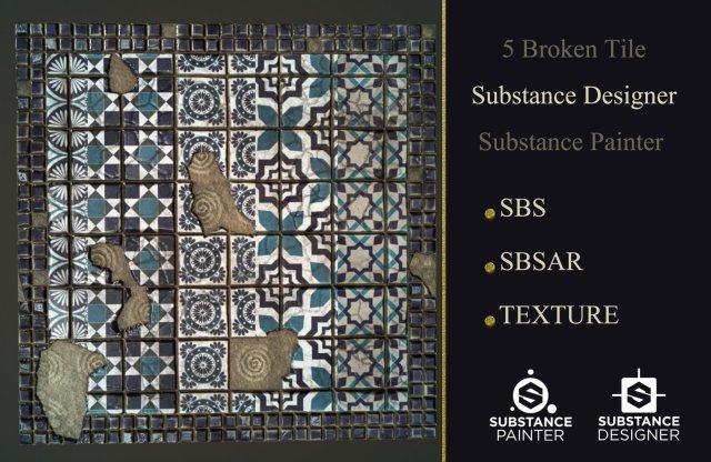 5 material broken tile n substance deaigner and substance painter CG Textures .c4d .max .obj .3ds .fbx .stl .blend 
