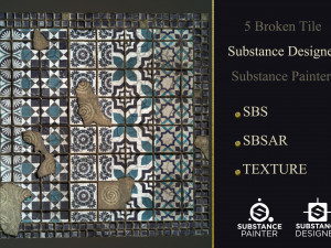 5 material broken tile n substance deaigner and substance painter CG Textures