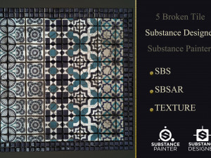 5 material broken tile n substance deaigner and substance painter CG Textures