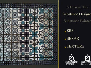 5 material broken tile n substance deaigner and substance painter CG Textures