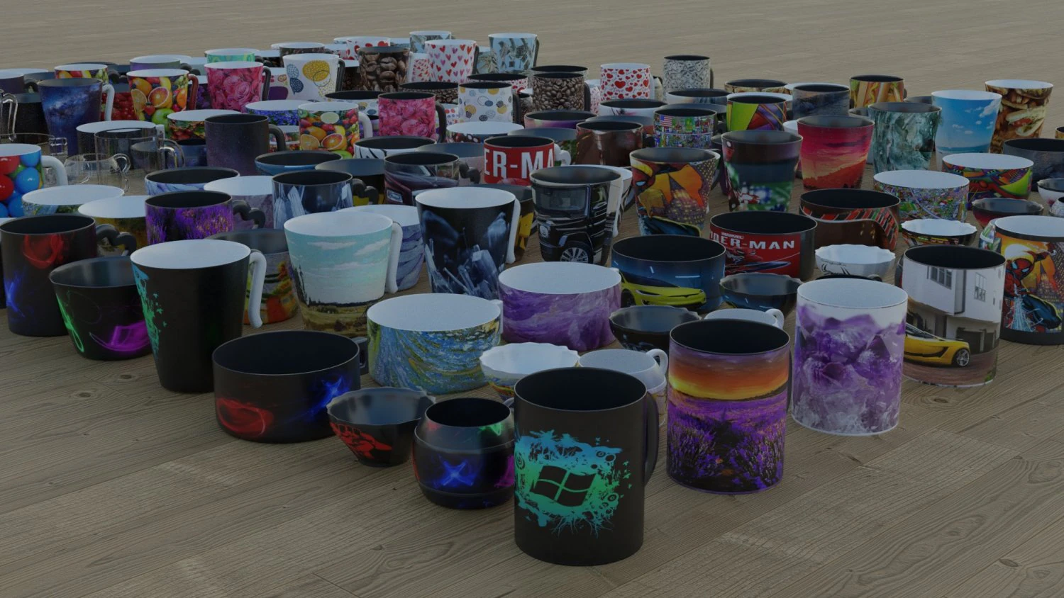 200 cups in different styles 3D Model .c4d .max .obj .3ds .fbx .stl .blend 