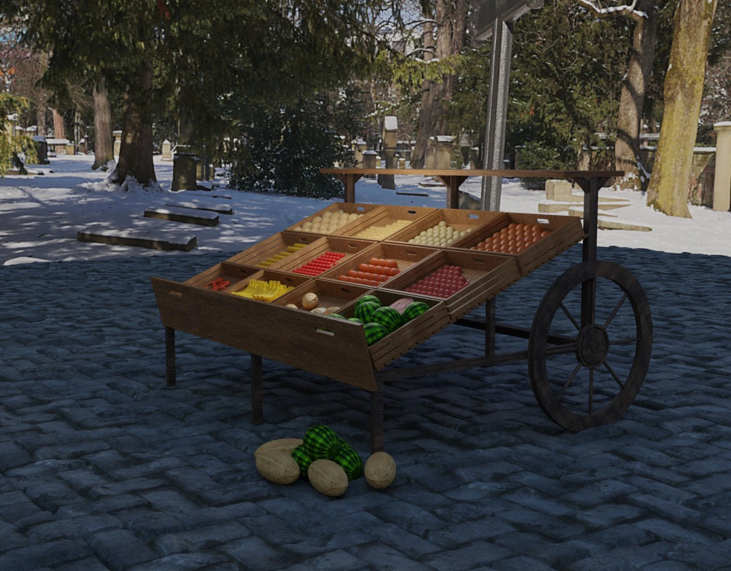 model of a cart with vegetables and fruits 3D Model .c4d .max .obj .3ds .fbx .stl .blend