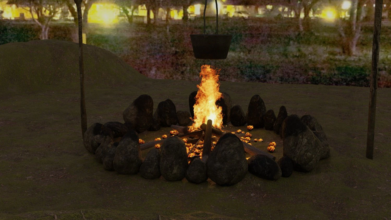 bonfire with a rusty charred bowl 3D Model .c4d .max .obj .3ds .fbx .stl .blend 