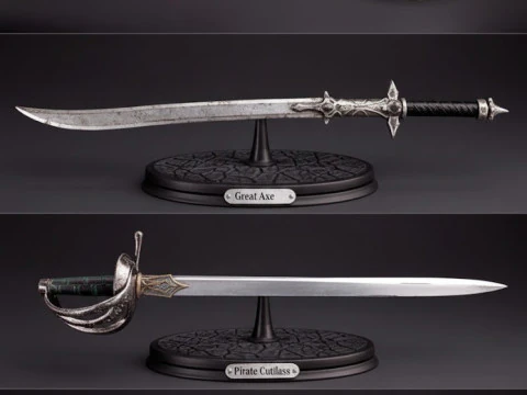 Bonecos 3D styl manga anime broń miecz tarcza stojak styl caricato Model do druku 3D