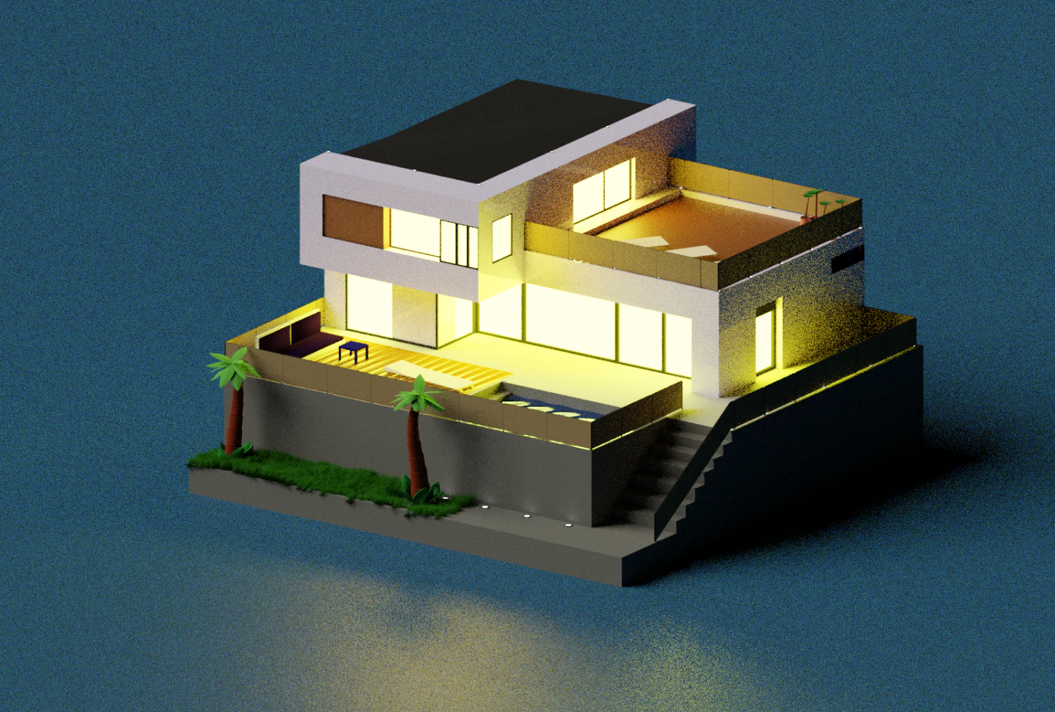 two-storey house with a swimming pool and palm trees 3D Model .c4d .max .obj .3ds .fbx .stl .blend