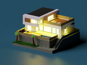 two-storey house with a swimming pool and palm trees 3D Model