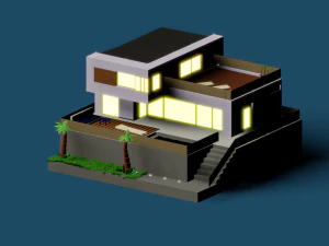 two-storey house with a swimming pool and palm trees 3D Model