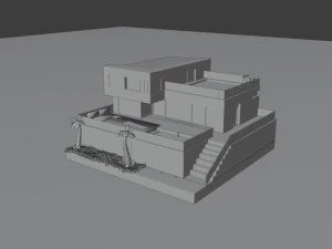 two-storey house with a swimming pool and palm trees 3D Model