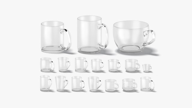 18 Glass Mug Shapes - transparent cups with different forms and sizes 3D 모델 .c4d .max .obj .3ds .fbx .stl .blend 