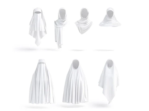 White Muslim Head Dress Set - 7 islamic traditional woman headwear 3D Model