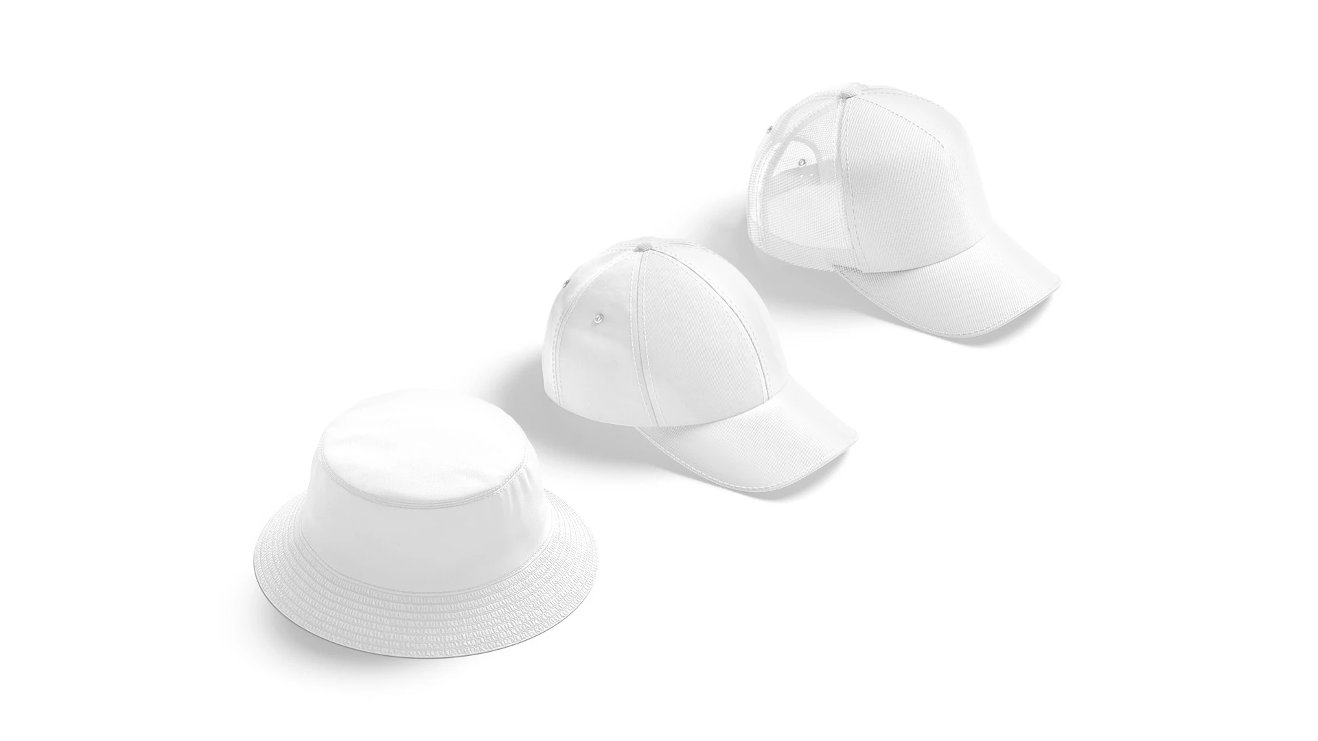 White Cap Set - 3 type baseball trucker bucket hat 3D Model .c4d .max .obj .3ds .fbx .stl .blend 