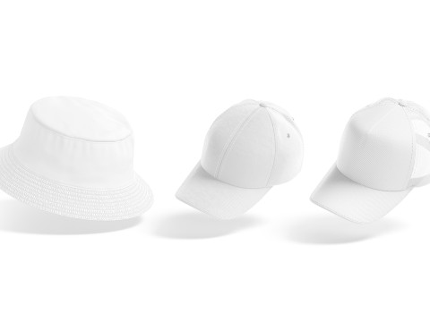 White Cap Set - 3 type baseball trucker bucket hat Modèle 3D
