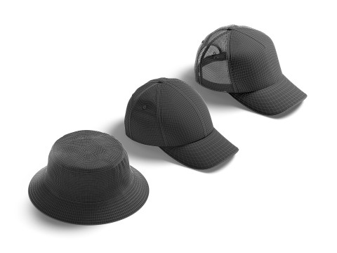 White Cap Set - 3 type baseball trucker bucket hat Modèle 3D