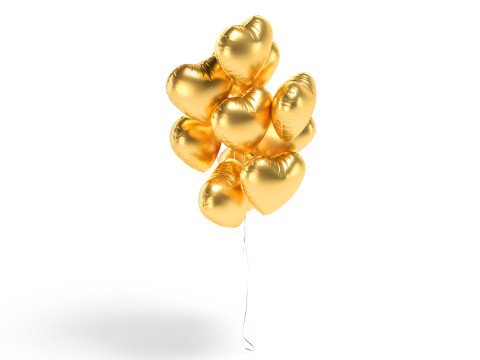 Gold Heart Balloon Bouquet - helium foil balls bunch 3D Model