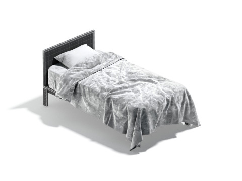 White Wooden Single Bed - twin singlebed with pillow and mattress 3D मॉडल