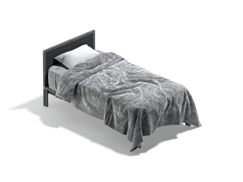Black Wooden Single Bed - twin singlebed with pillow and mattress 3D Model