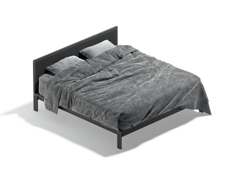 Black Wooden Double Bed - king size bedding with pillow and mattress 3D Model