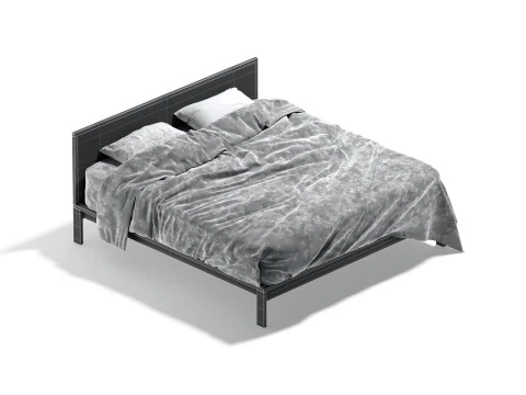 Black Wooden Double Bed - king size bedding with pillow and mattress 3D Model