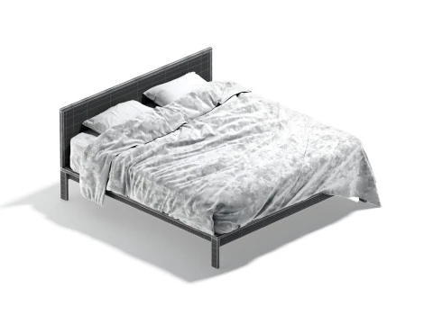 Black Wooden Double Bed - king size bedding with pillow and mattress 3D Model