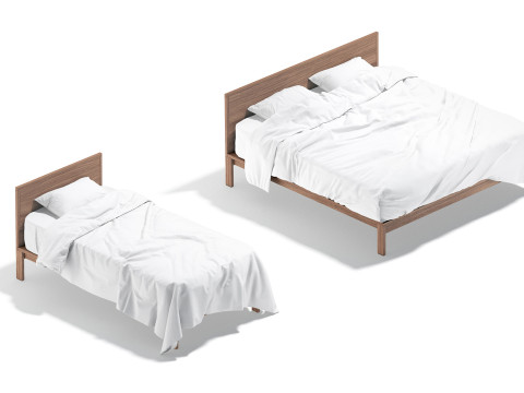 White Wooden Bed Set - 2 type single and doublebed with pillow and mattress 3D Model