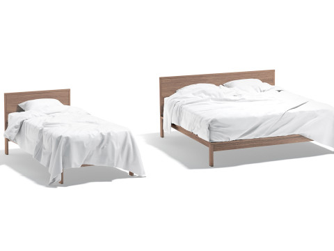 White Wooden Bed Set - 2 type single and doublebed with pillow and mattress 3D Model
