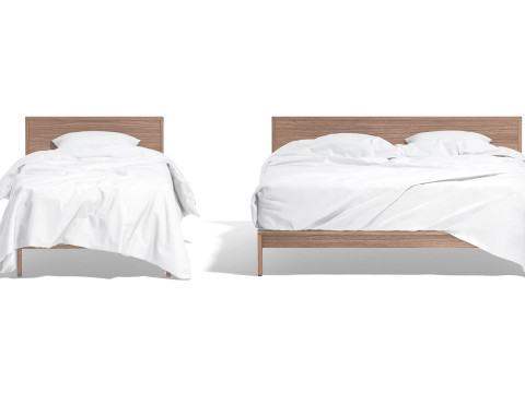 White Wooden Bed Set - 2 type single and doublebed with pillow and mattress 3D Model
