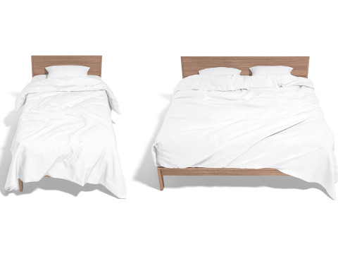 White Wooden Bed Set - 2 type single and doublebed with pillow and mattress 3D Model