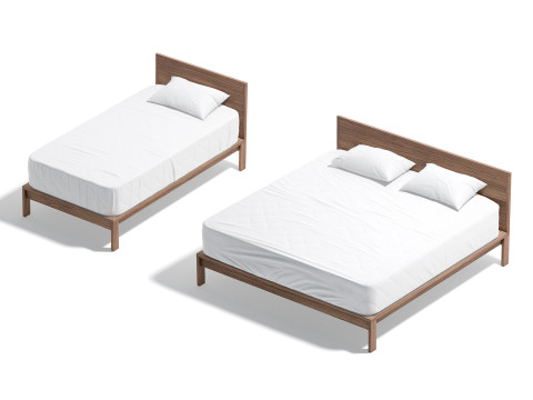 White Wooden Bed Set - 2 type single and doublebed with pillow and mattress 3D Model