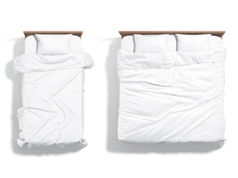 White Wooden Bed Set - 2 type single and doublebed with pillow and mattress 3D Model