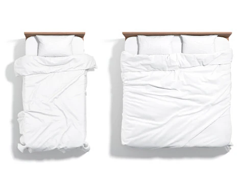 Set Tempat Tidur Kayu Putih - 2 tipe tempat tidur single dan double dengan bantal dan kasur Model 3D