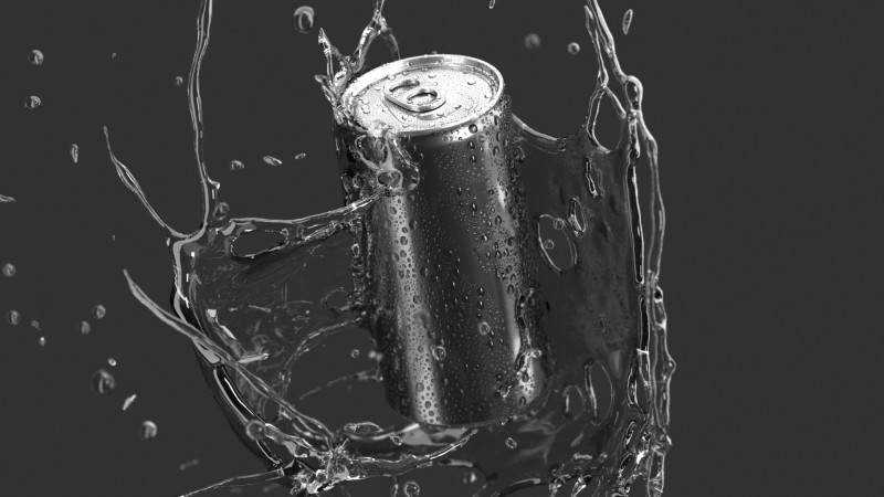 Black 250ml Sleek Can With Splash - soda falling in water drops 3D Model .c4d .max .obj .3ds .fbx .stl .blend 